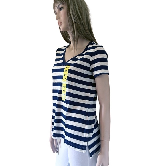 Nicole Miller Stripe Tee t-shirt Tank Top Navy White V-Neck Short Sleeve HiLo - Picture 4 of 11